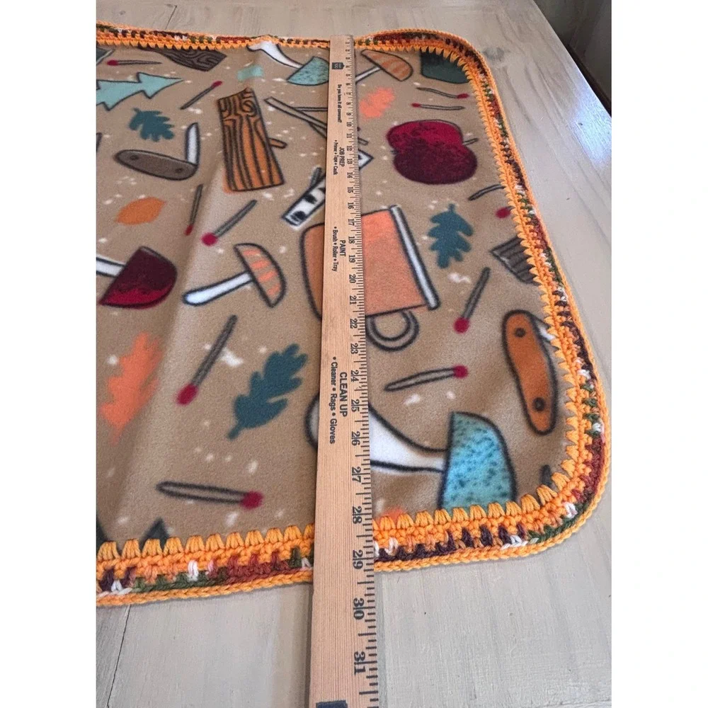 Tan‎ Camping Nature Print Fleece Baby Blanket Crochet Trim Mushrooms 29x26